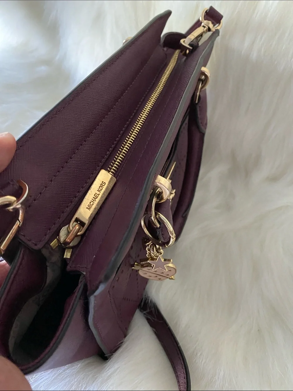 Michael Kors Small Tina Top Zip Messenger Satchel/ Shoulder Bag in Plum and Gold